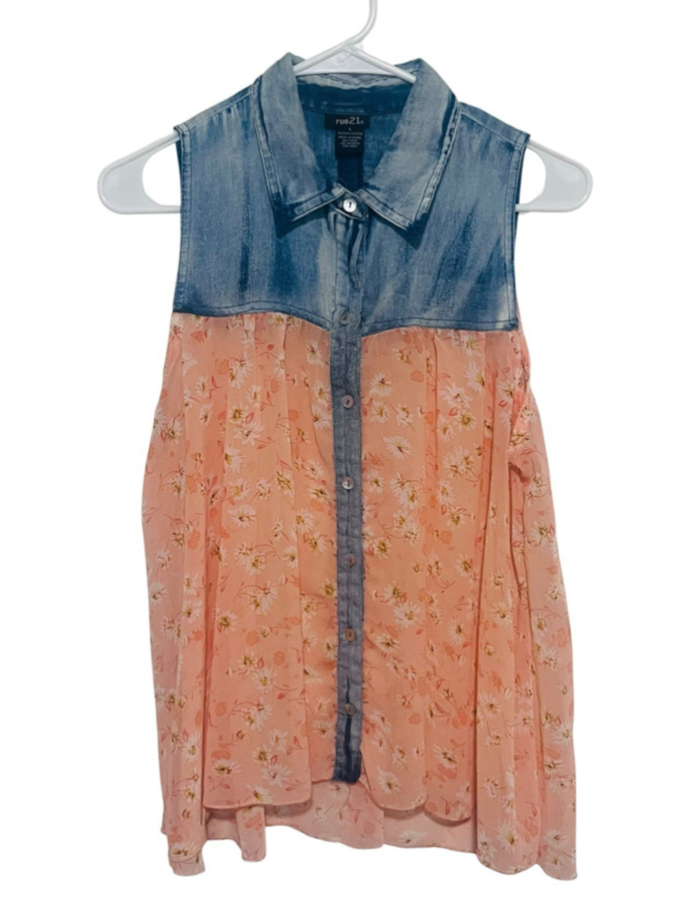 Rue 21 Denim Floral Y2K Flyaway Flowy Top Women’s Juniors Medium Boho Western